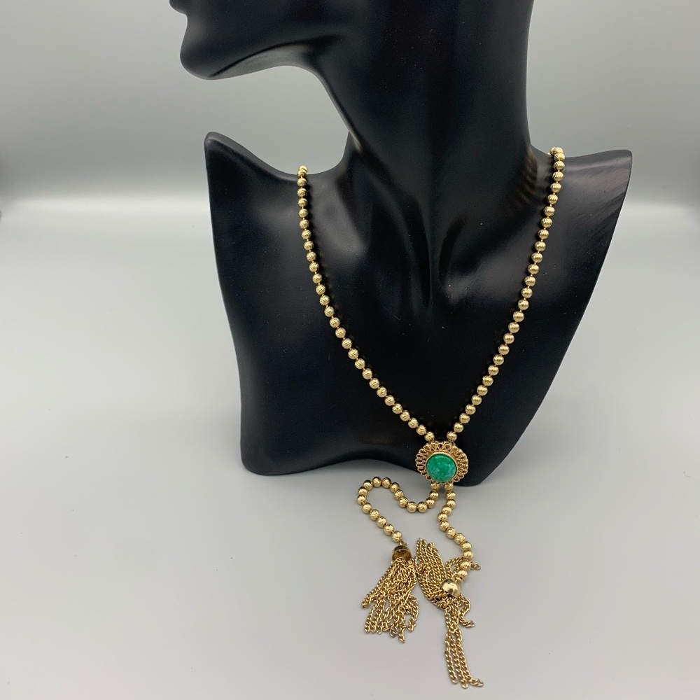 Vintage 1973 Avon Ball Chain Bolo Lariat Tassel Necklace, Gold Tone Green Stone